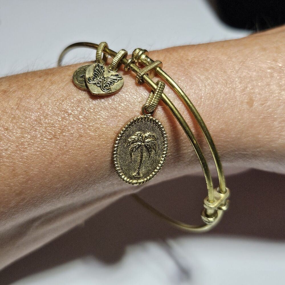 Gold Tone Angelica Palm Tree Charm Bangle Bracelet 8"